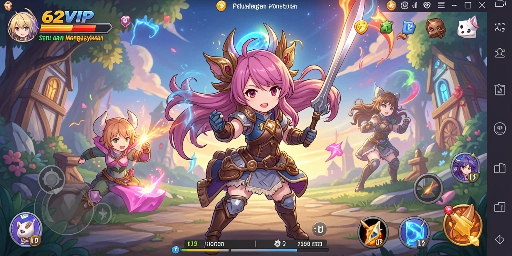 Screenshot gameplay 62VIP menunjukkan kombinasi pertarungan dan visual anime yang menakjubkan.