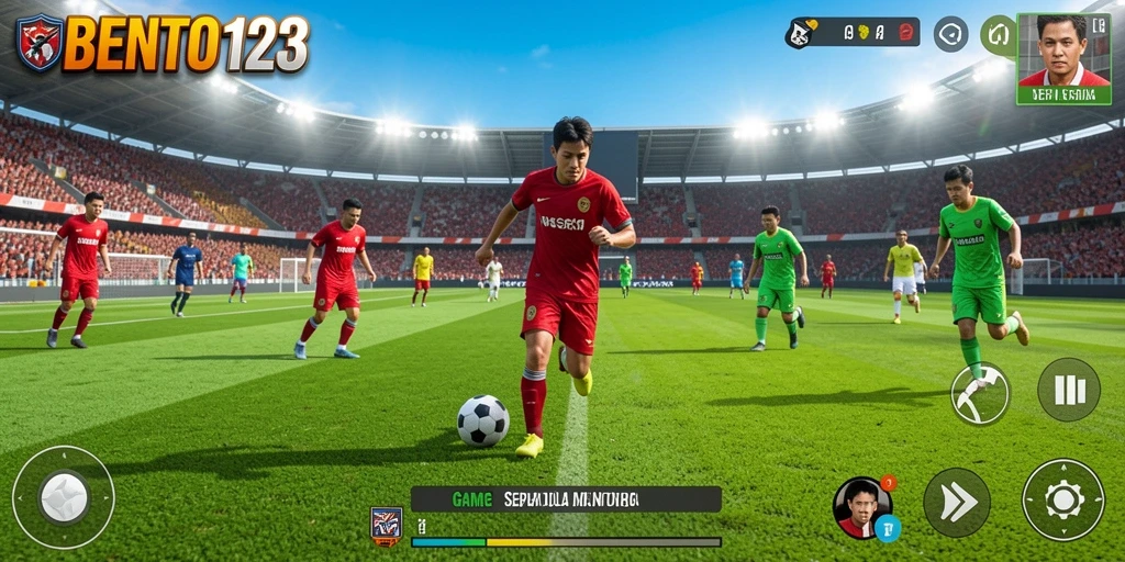 Screenshot permainan BENTO123 menunjukkan pemain beraksi di lapangan sepak bola.