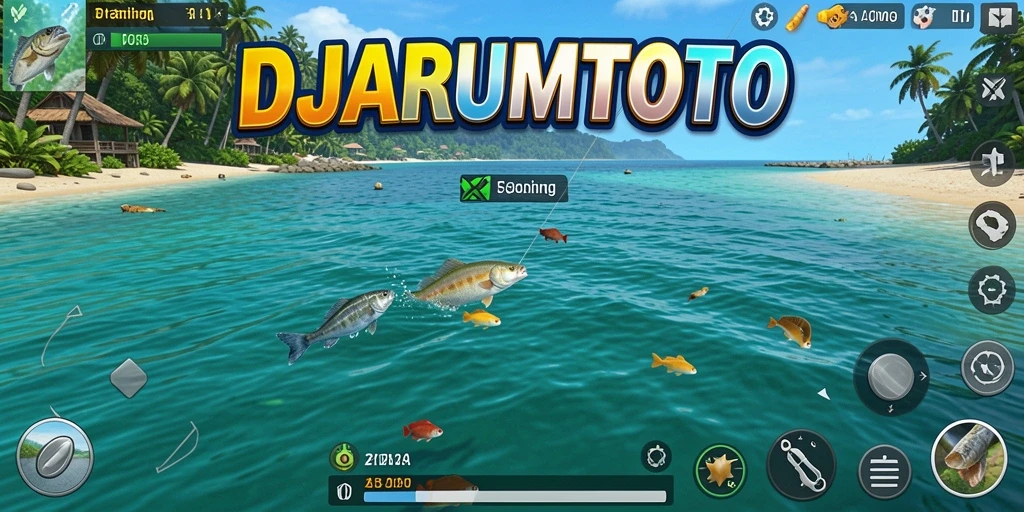 Tampilan gameplay DJARUMTOTO dengan aksi memancing yang seru.