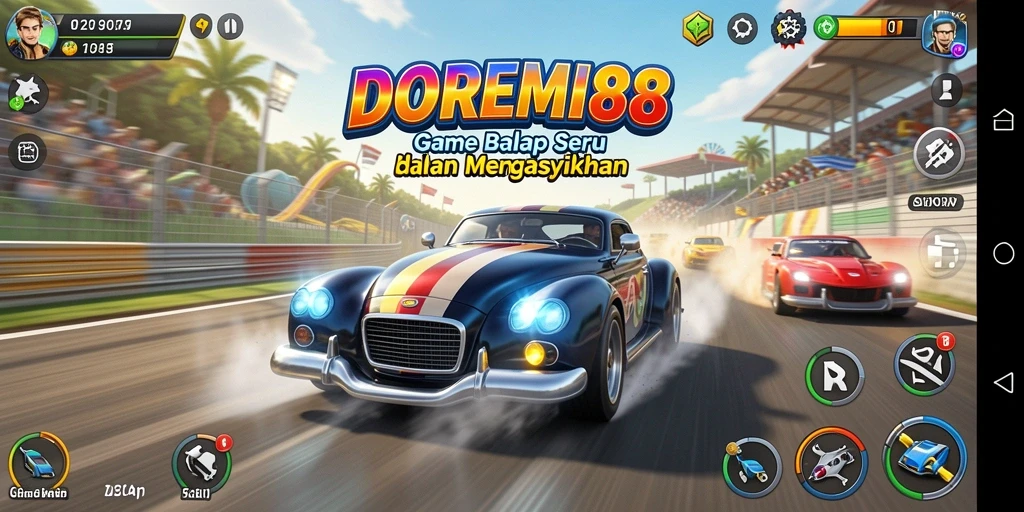Tampilan gameplay DOREMI88 saat balapan di trek yang menantang.