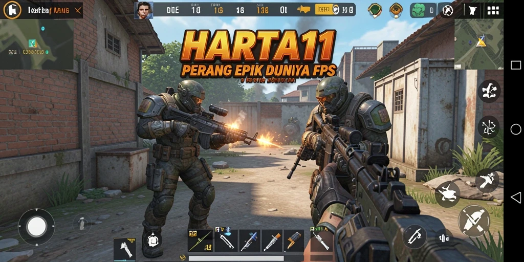 Menampilkan aksi seru dari gameplay HARTA11 di medan perang FPS.
