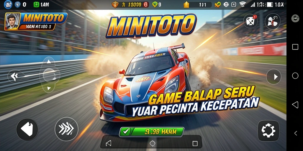 Screenshot gameplay MINITOTO dengan mobil balap di trek.