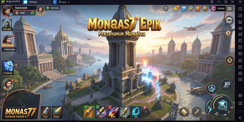 Tampilan gameplay MONAS77 yang intens di dalam pertempuran Tower Defense.
