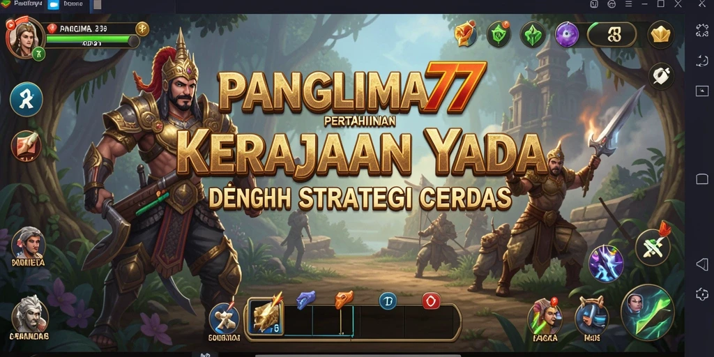 Screenshot utama <strong>PANGLIMA77</strong> menunjukkan aksi menara bertahan melawan gelombang musuh.