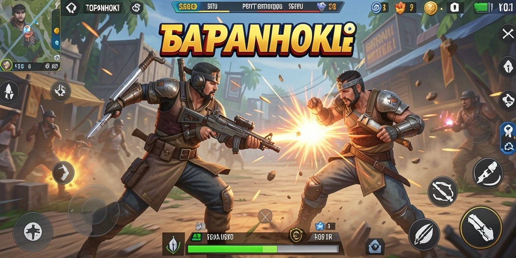 Screenshot gameplay TOPANHOKI menampilkan pertarungan seru dalam arena Battle Royale.