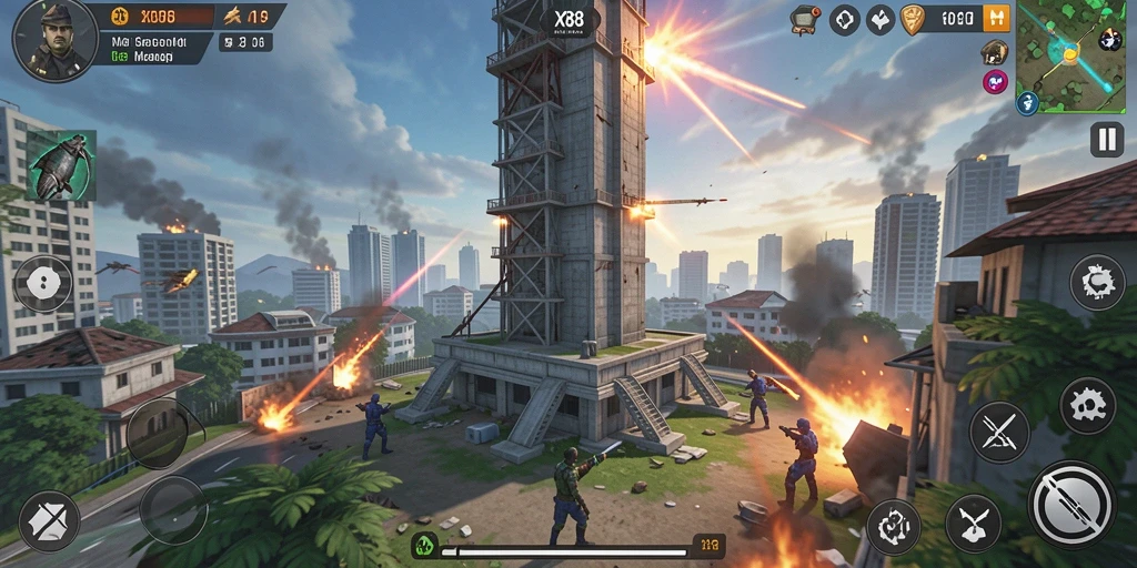 Screenshot gameplay X88 menampilkan pertahanan menara yang strategis.